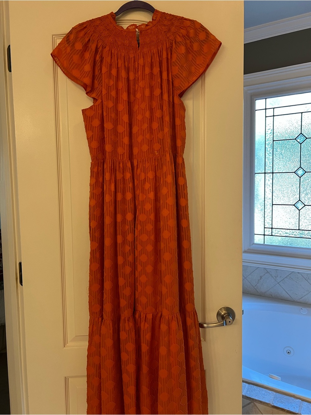 Donna Morgan Orange Textured Maxi Dress with Smocked Neckline